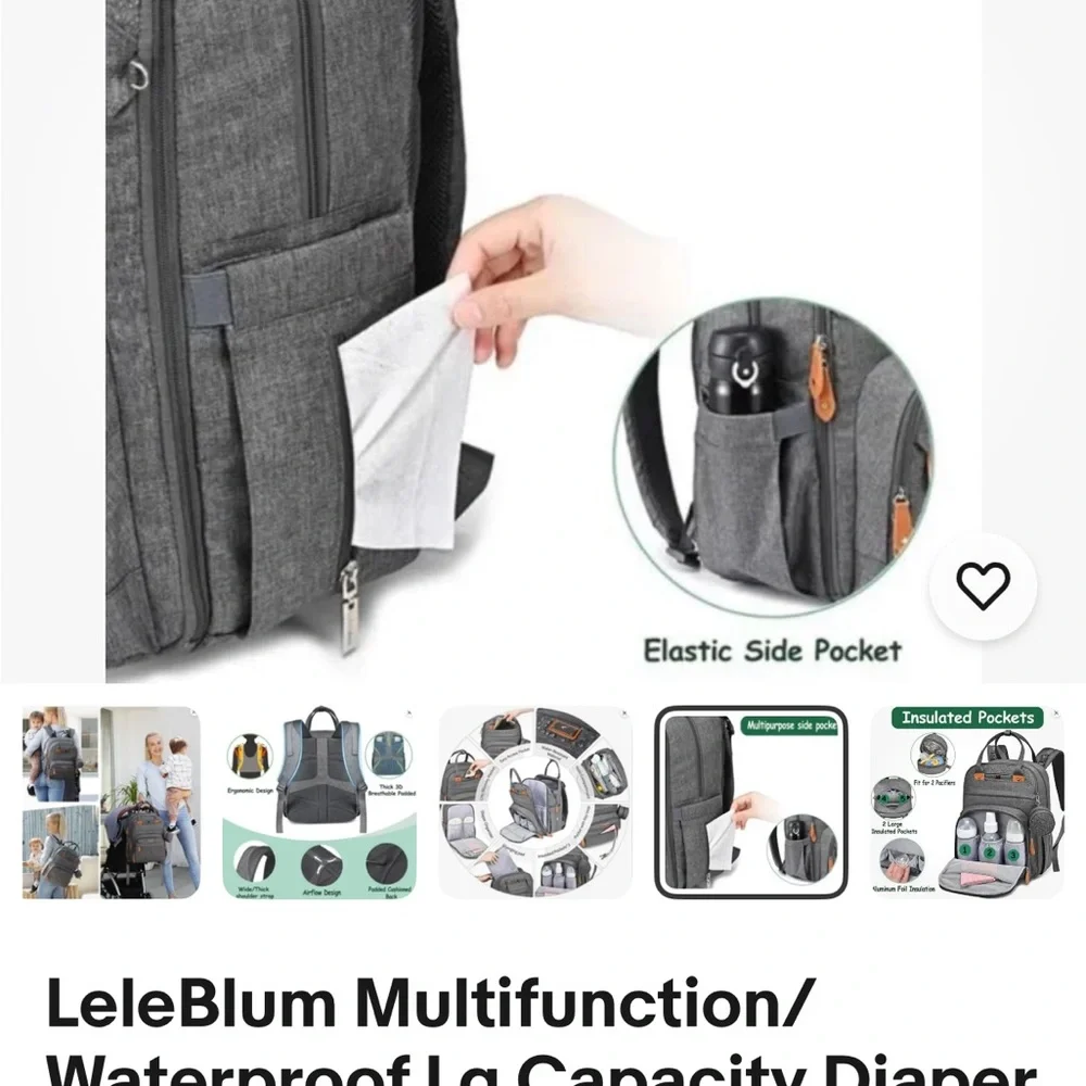 Leleblum Black Quilted Diaper Bag Backpack Travel Laptop‎ Bag Pacifier Pouch